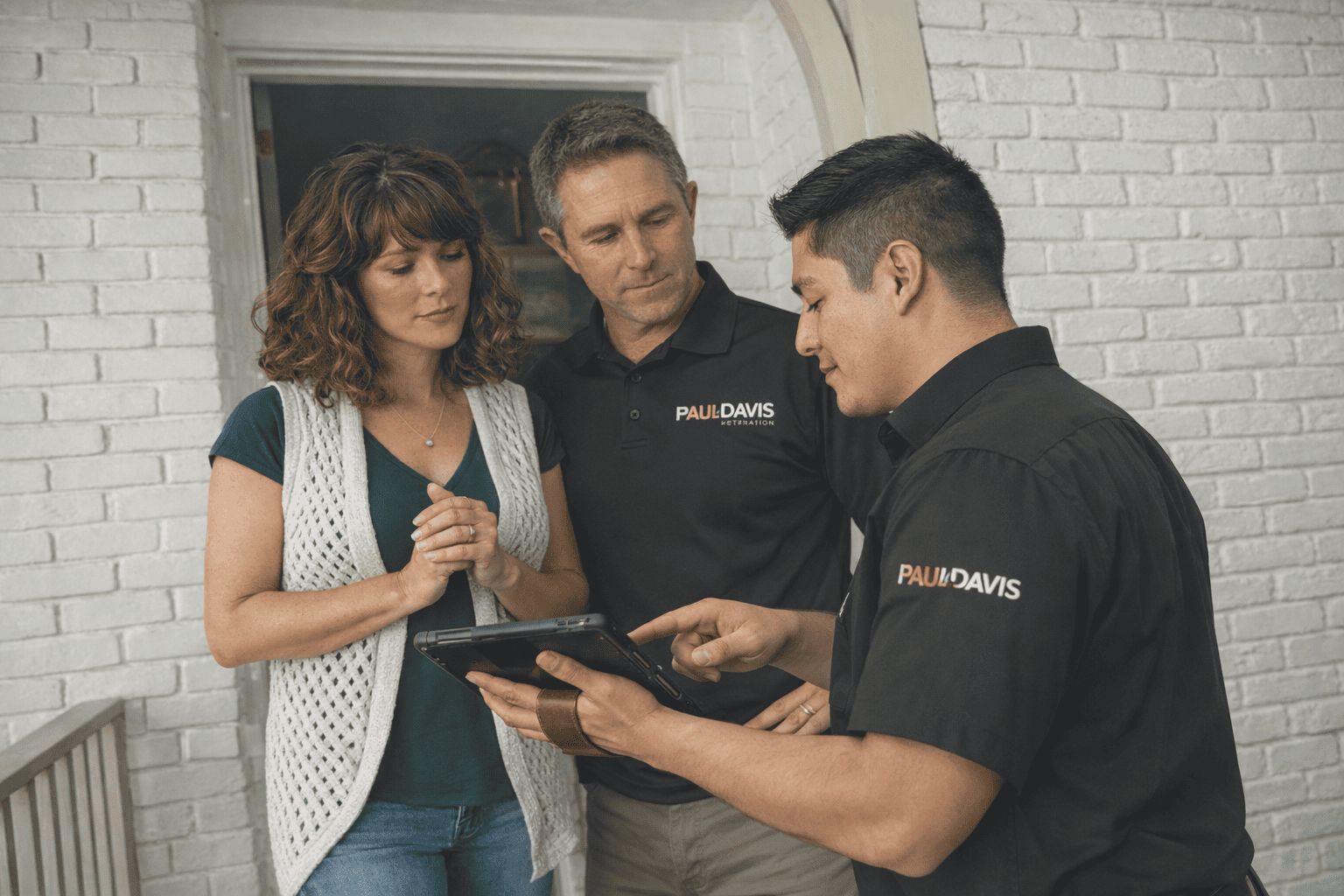 Paul Davis Restoration of Central DFW team reviewing restoration project details with homeowners during an in-home property damage consultation