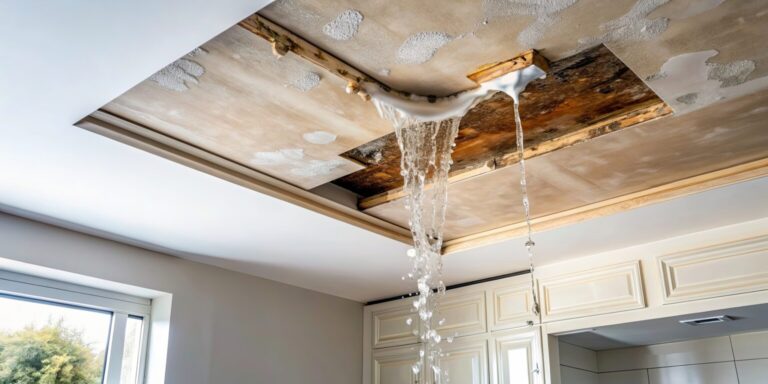 Severe ceiling water damage with active leak and exposed drywall in a residential home requiring emergency restoration services by Paul Davis Restoration of Central DFW