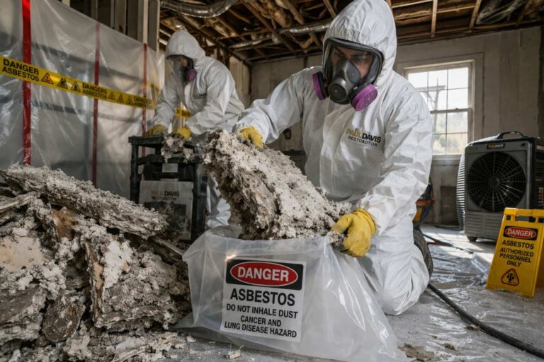 Paul Davis Restoration technicians in protective suits performing asbestos removal and hazardous material cleanup in a Central DFW residential property.