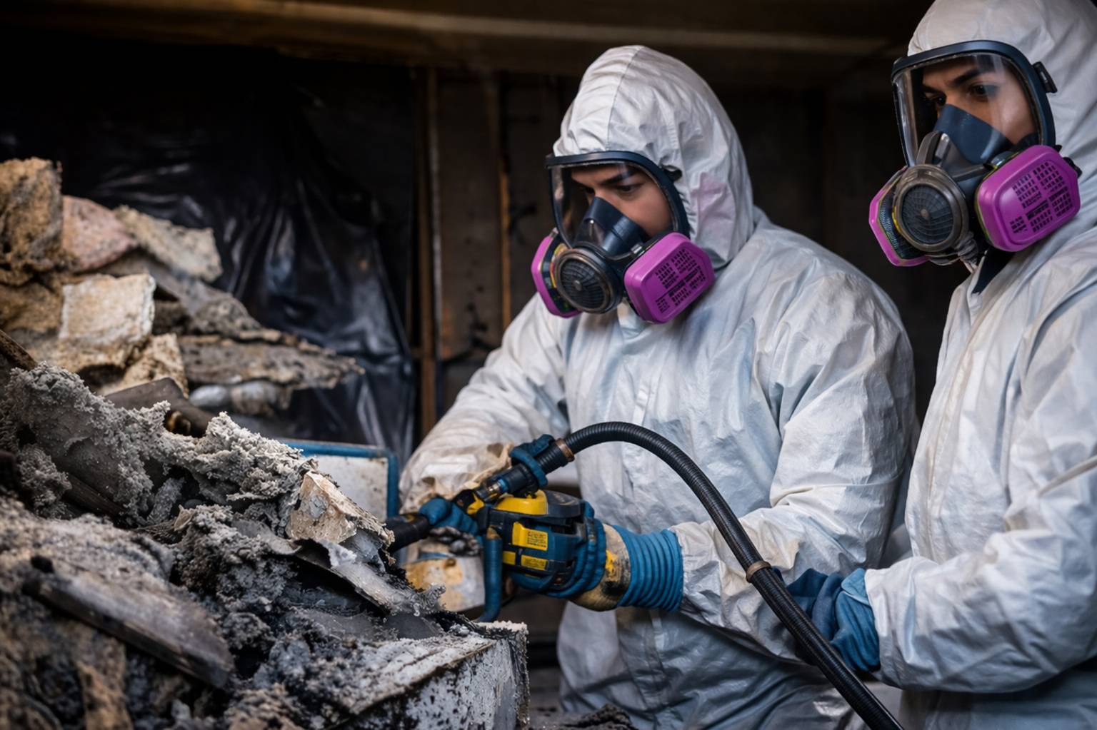 Paul Davis Restoration technicians in full protective gear performing asbestos removal and hazardous material cleanup in Central DFW property.