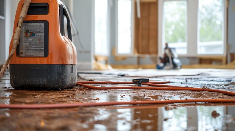 Industrial air mover drying wet flooring after water damage in home, part of emergency water extraction and drying services in Central DFW.