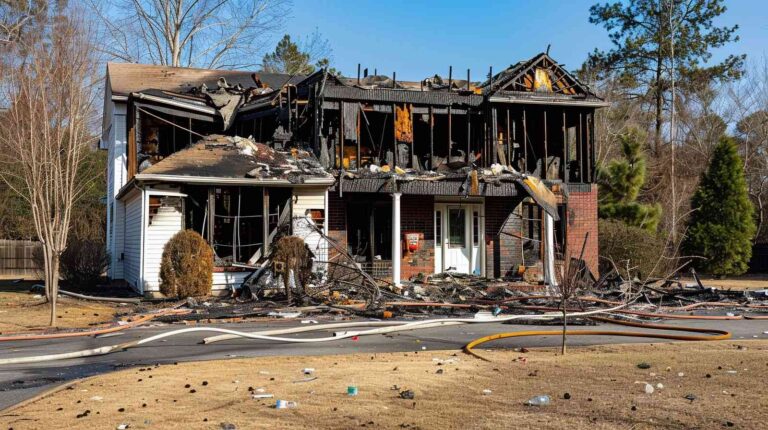 Severely fire-damaged two-story home after a residential house fire requiring emergency fire damage restoration services by Paul Davis Restoration of Central DFW