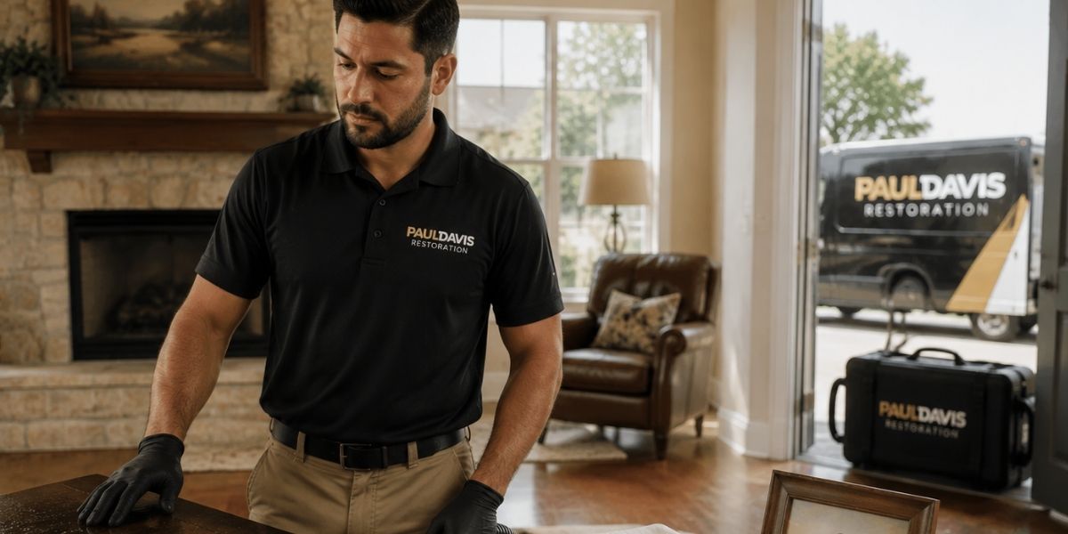 A Paul Davis Restoration technician wearing a branded black polo shirt and black gloves inspecting a wooden tabletop in a living room, with a service truck and equipment case visible through the open doorway.