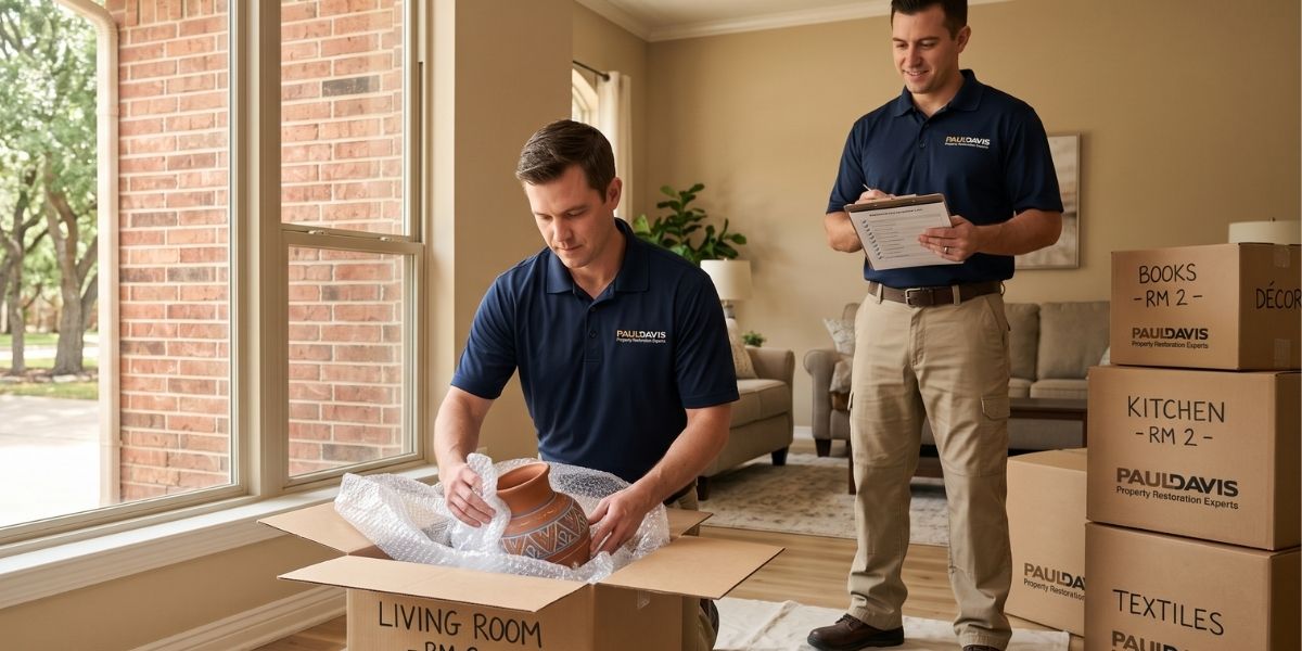 Two Paul Davis Restoration technicians packing and documenting belongings during a contents pack-out, with labeled Paul Davis boxes in a bright living room.